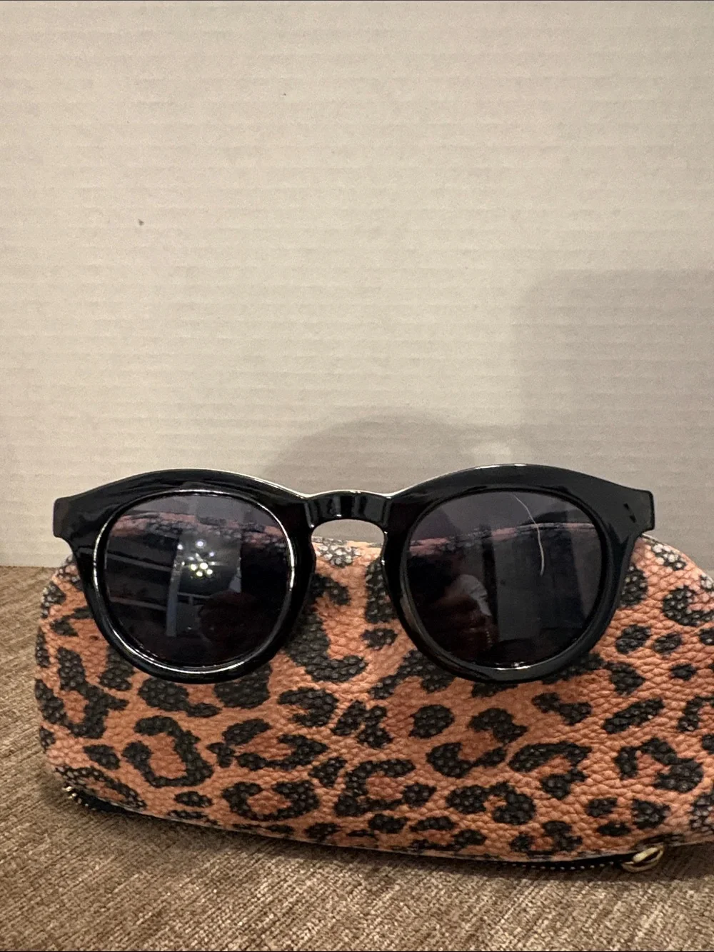 Women’s Black Round Sunglasses with Leopard Print Case